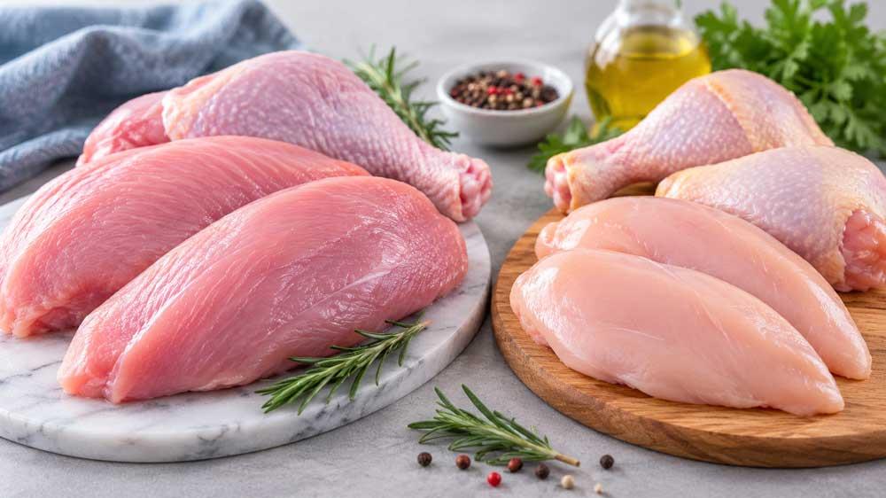مقایسه ظاهر و رنگ گوشت مرغ و بوقلمون