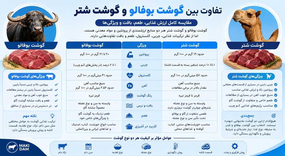 اینفوگرافی تفاوت گوشت شتر و بوفالو